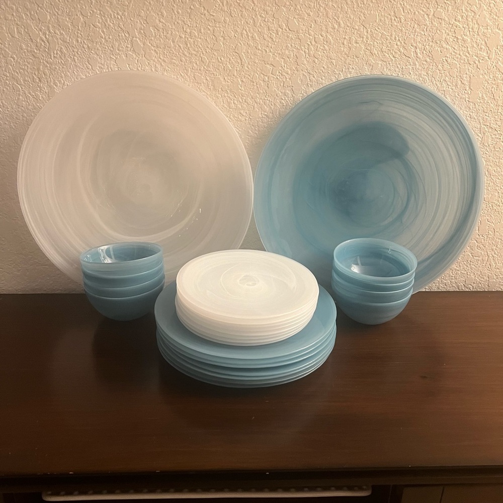Alabaster glass blue and white service for 8
